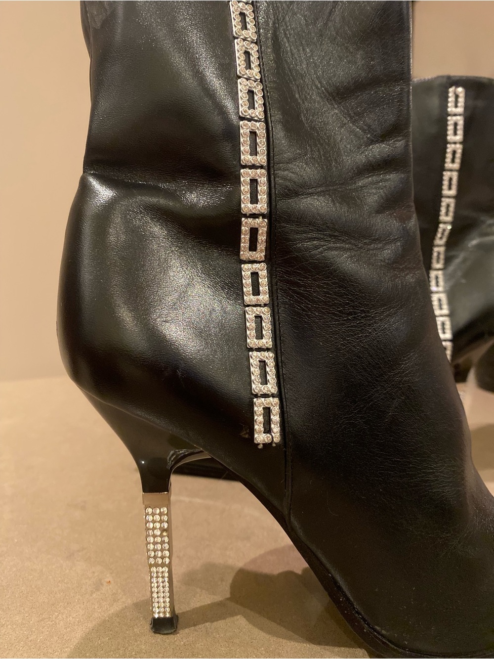 NEW Italian Black Leather Stiletto Ankle Boots with Rhinestone Trim